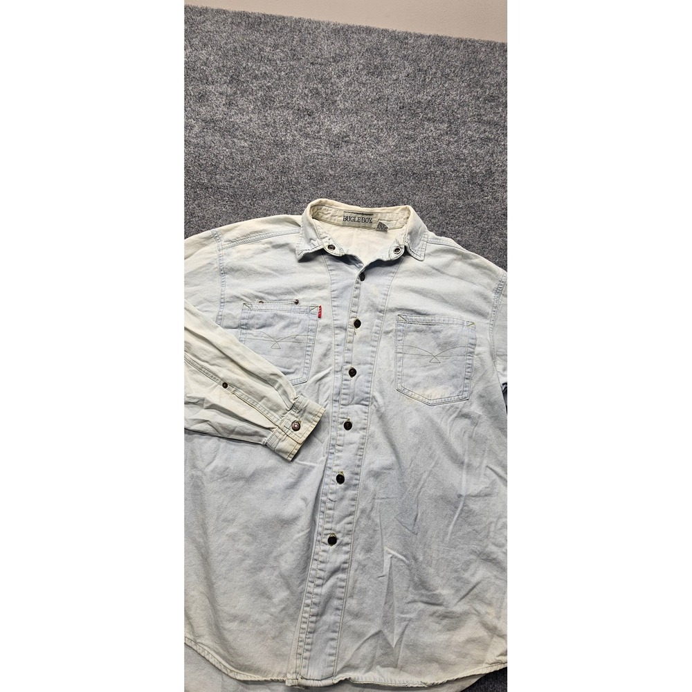 Vintage Bugle Boy Mens Light Wash Denim Button Up Shirt Large 100% Cotton 90s